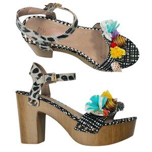 Betsey Johnson Jillie Sandals Mixed Print Gingham Embellished Shell Heels 6